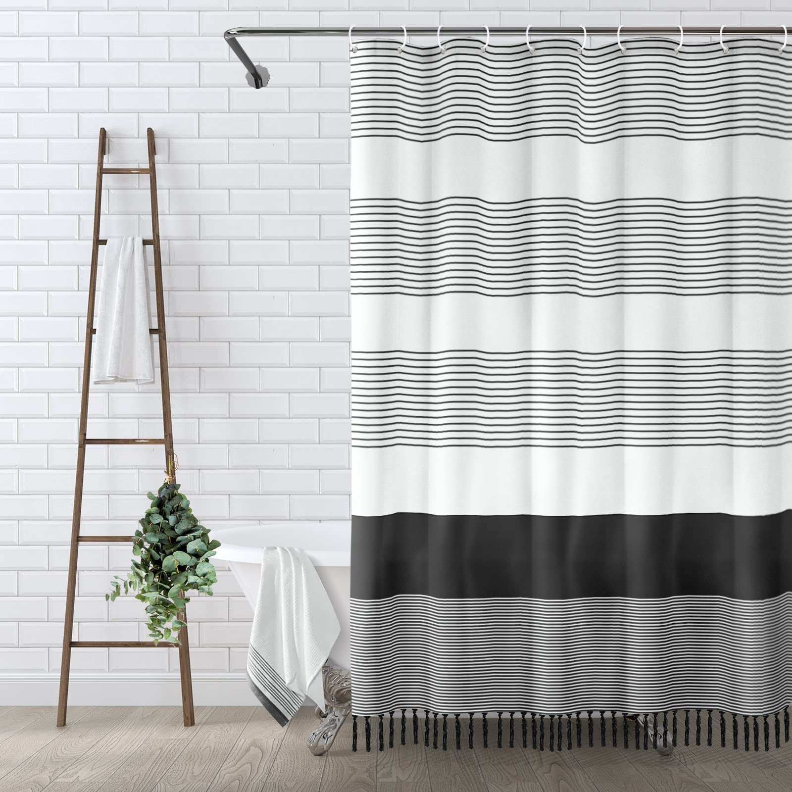 Awellife Black And White Shower Curtain For Bathroom Black Tassel Stripe Shower Curtain 72 X 72 Inches Farmhouse Linen
